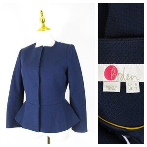 Boden Womens Navy Blue Polperro Collarless Peplum Blazer Jacket 2 Formal Career